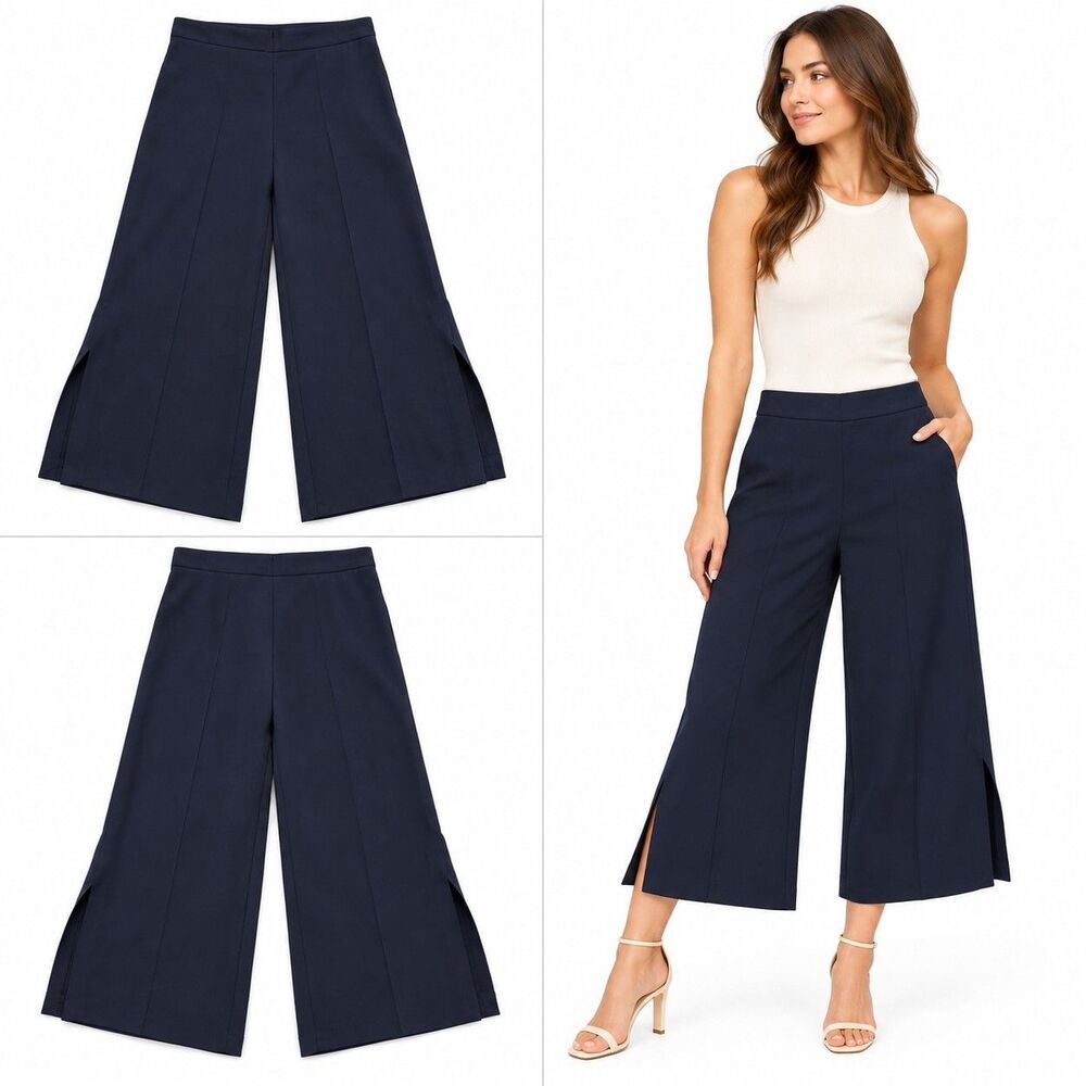 Zara Basic Collection Wide Leg Pants M Navy High Rise Side Slit Made in Spain...